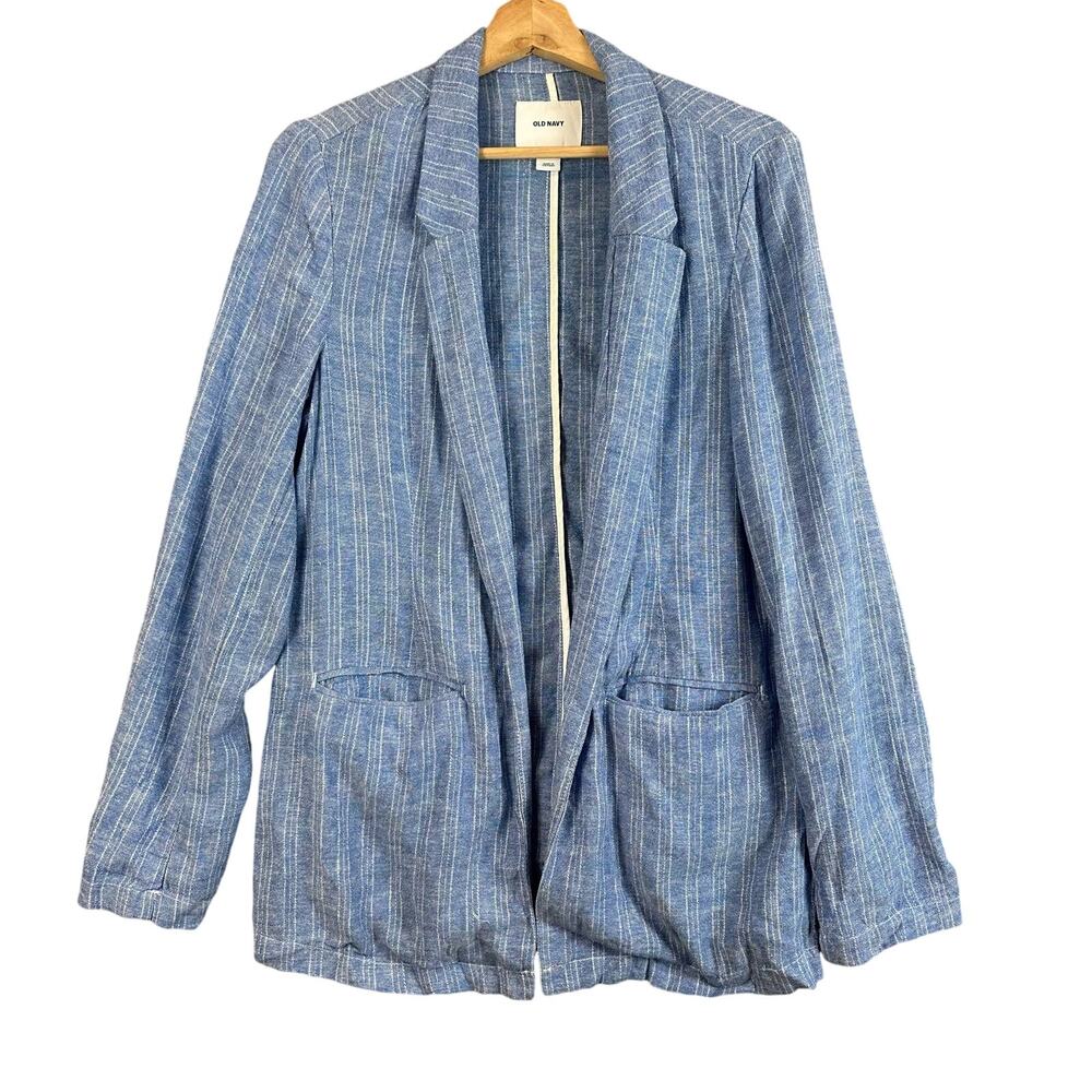Old Navy Linen Blazer Open Jacket Chambray Stripe Blue White Women's S Small